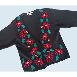 Vintage LISE J Poinsettia Embroidered Cardigan Sweater 90s / 00s Sz S